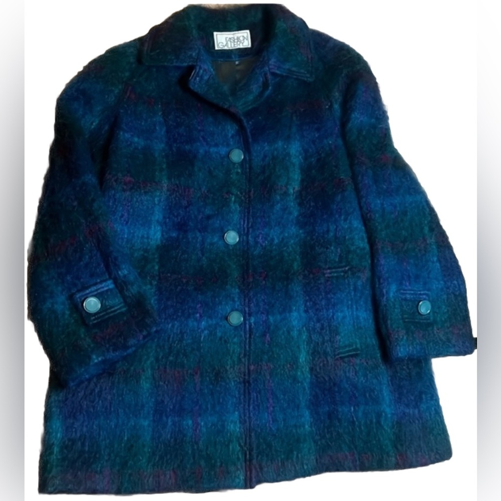 Vintage Plaid Wool Blend Pea Coat in Teal & Navy